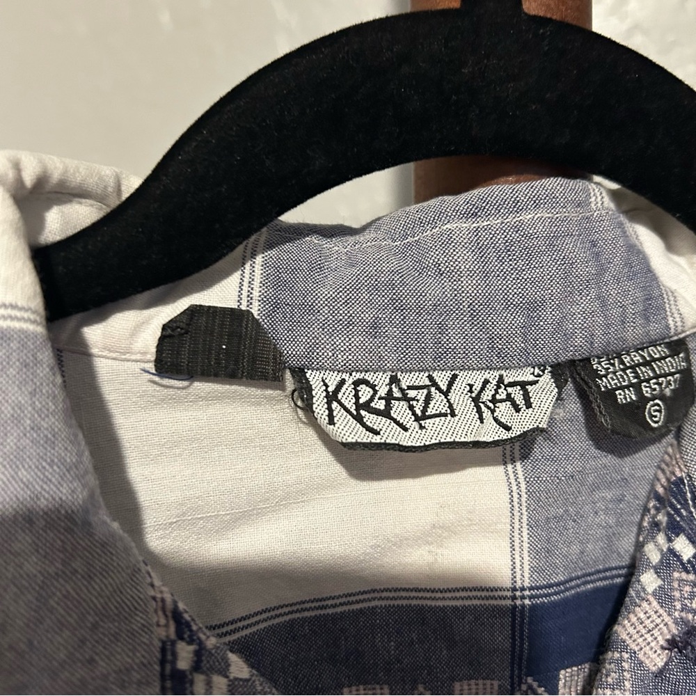 Vintage Krazy Kat Blue & White Aztec Pattern Plaid Button Up Shirt Size S |A111 - Picture 10 of 11